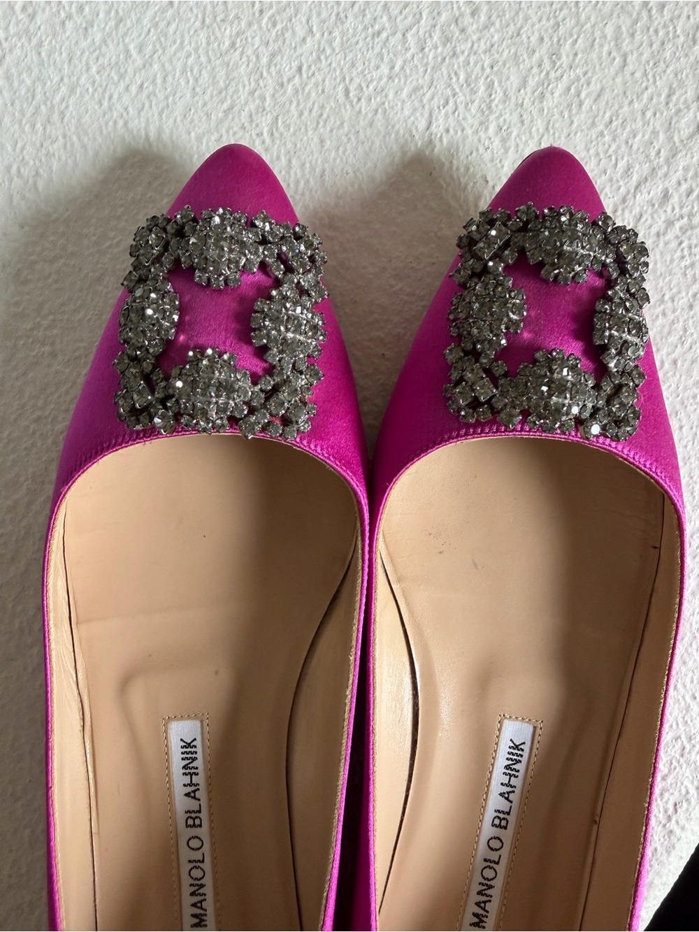 Manolo Blahnik Hangisi Purple / Fuchsia Satin Crystal-Buckle Flats
